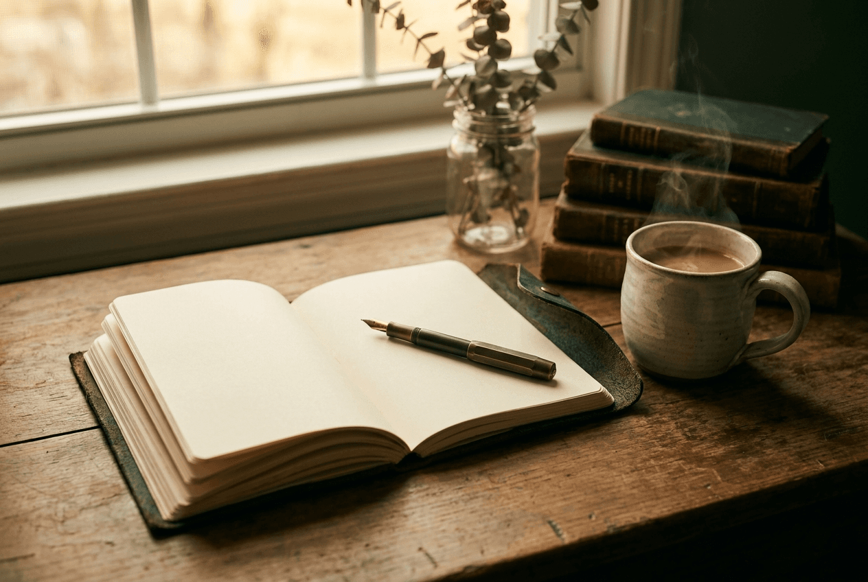 An open journal and fountain pen beside a cup of coffee on a wooden desk, capturing thoughts and knowledge.