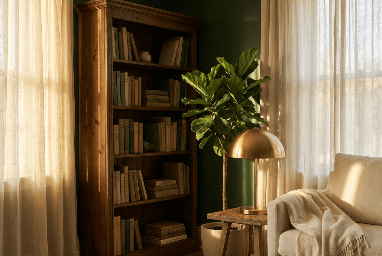A sunlit reading corner with a bookshelf, plant and soft light, a warm, welcoming home for people you love.