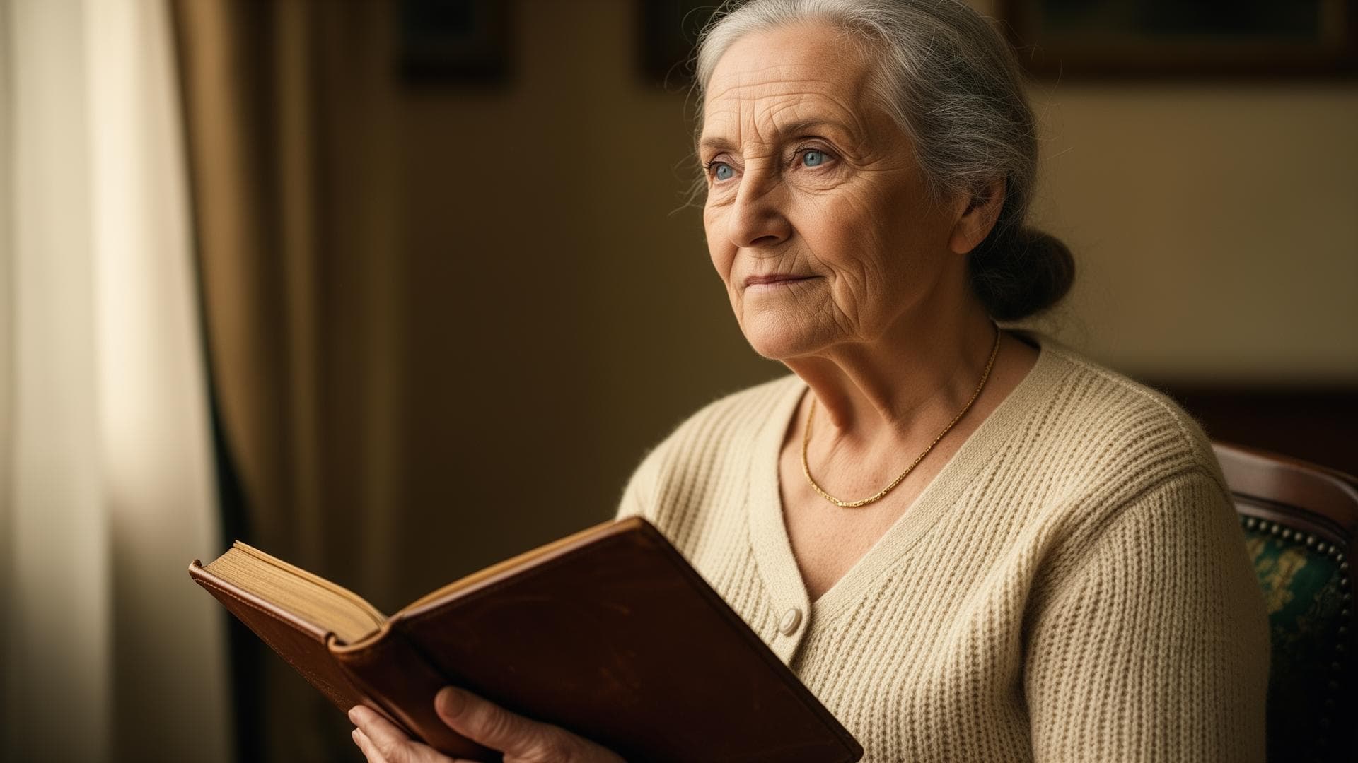 A grandmother reading by a window - a real moment from RootsKeeper.